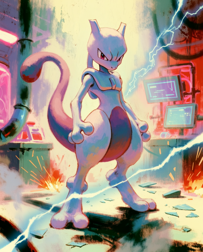 Mewtwo — Breakout illustration, Mewtwo standing in a wrecked laboratory with lightning and broken glass