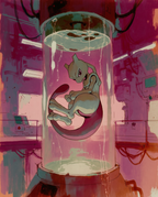 Mewtwo — Incubation illustration, Mewtwo curled inside a glass tank in a magenta laboratory