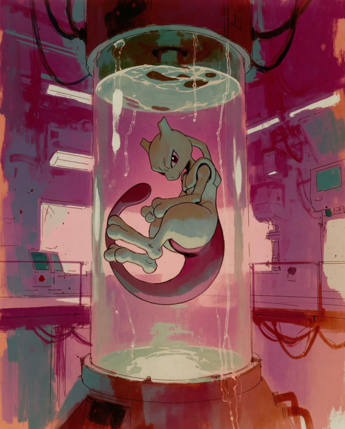 Mewtwo — Incubation illustration, Mewtwo curled inside a glass tank in a magenta laboratory
