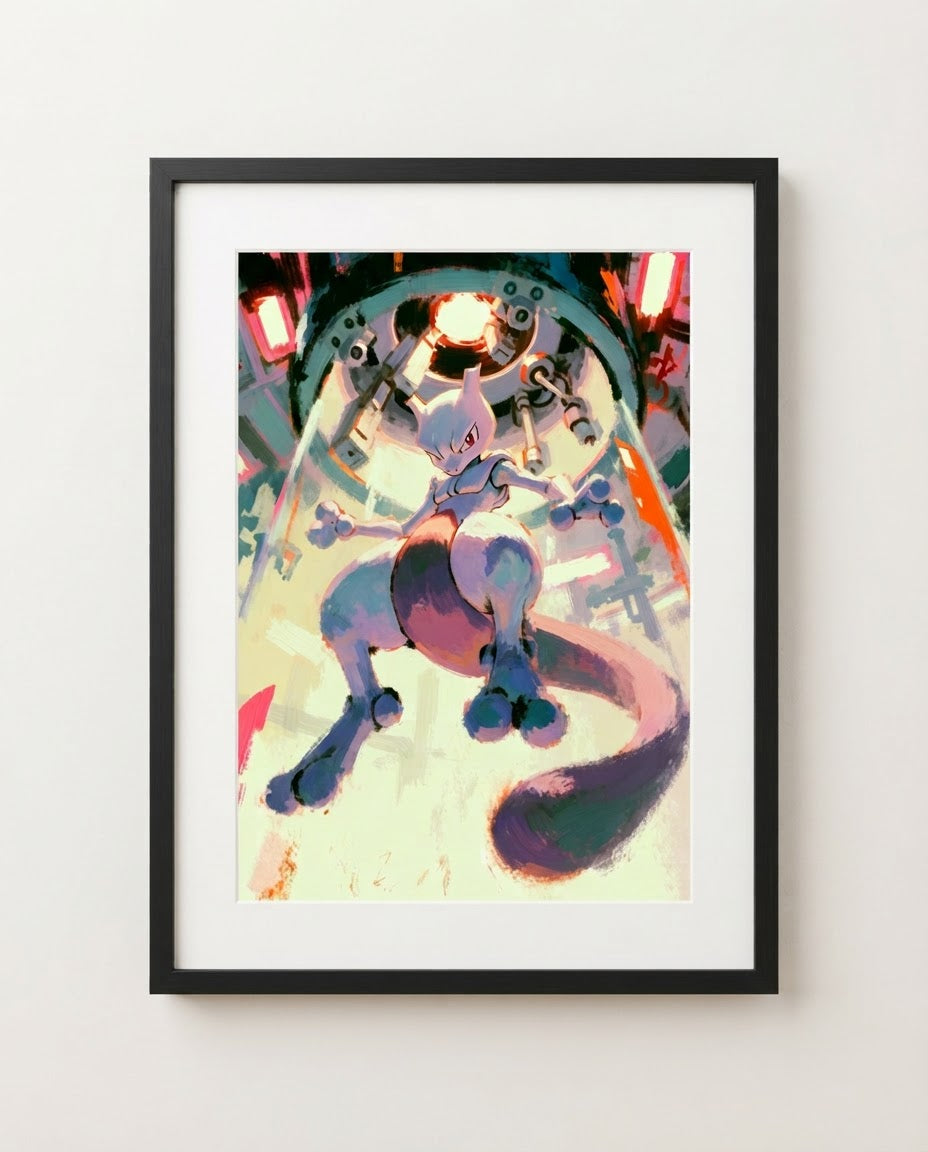 Mewtwo — Observed impasto art print framed in a black frame with white mat
