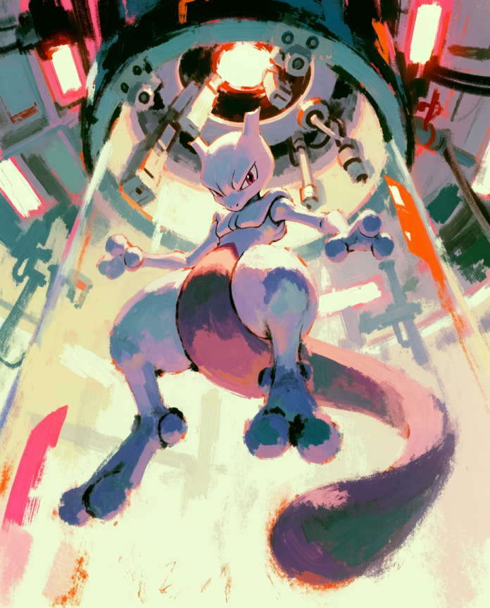 Mewtwo — Observed illustration, Mewtwo hunched inside a dark tank with scientists watching through the glass