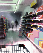 Mimikyu — Aisle Seven illustration, Mimikyu standing alone in a supermarket aisle under fluorescent lights