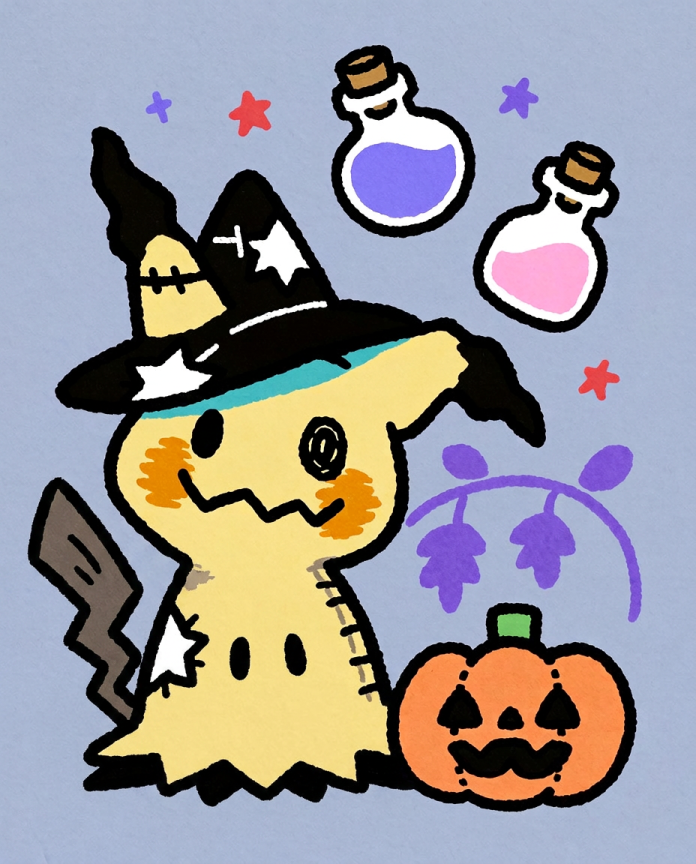 Mimikyu in a witch hat with floating potions and a jack-o'-lantern — Dammit.png fan art print