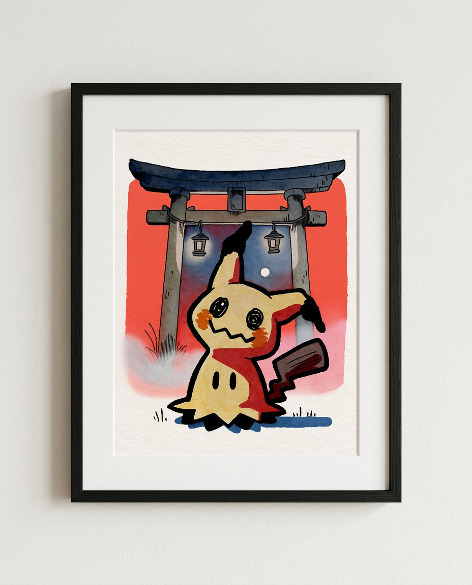 Mimikyu Torii Night Japanese watercolour Pokémon art print in a black frame with white mat