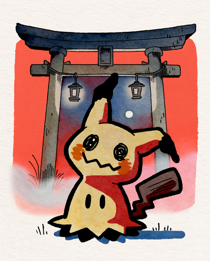 Watercolour illustration of Mimikyu under a stone torii gate with glowing lanterns at night by Dammit.png
