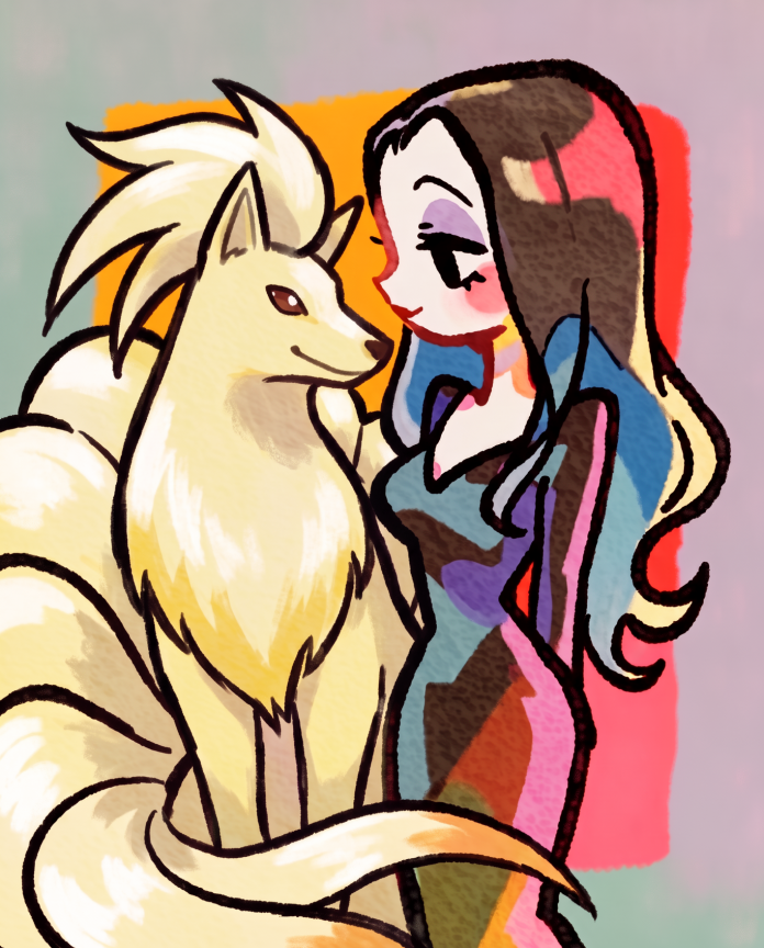 Morticia leaning close to a serene Ninetales — Dammit.png fan art print