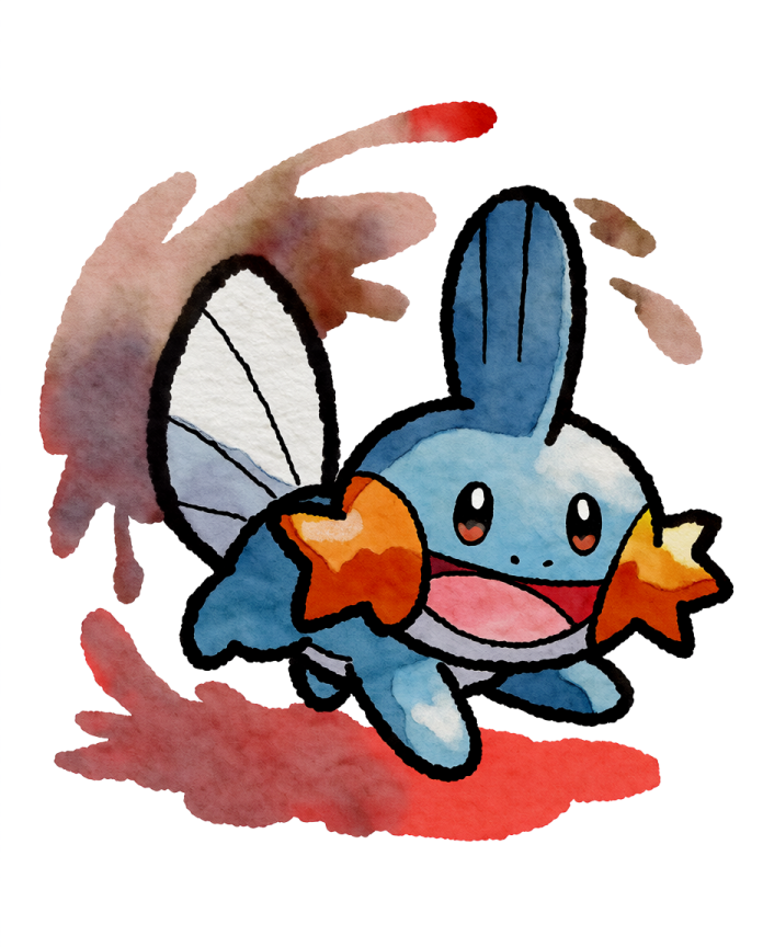 Watercolour Mudkip charging through red and brown mud splashes — Dammit.png fan art print