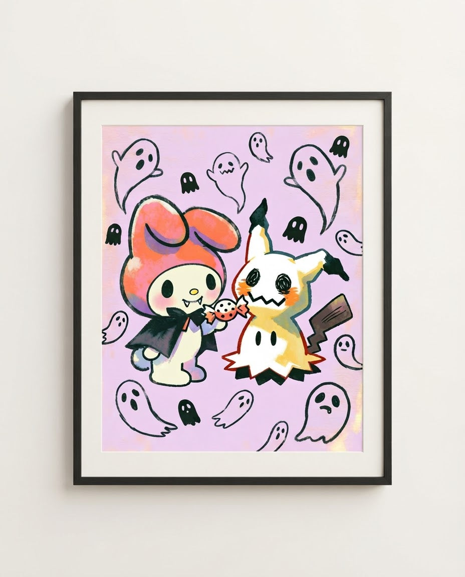 My Melody & Mimikyu — Candy Swap Halloween crossover art print framed in a black frame with white mat