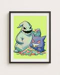 Oogie Boogie & Gengar — Candy Hoard Halloween Town crossover art print framed in a black frame with white mat
