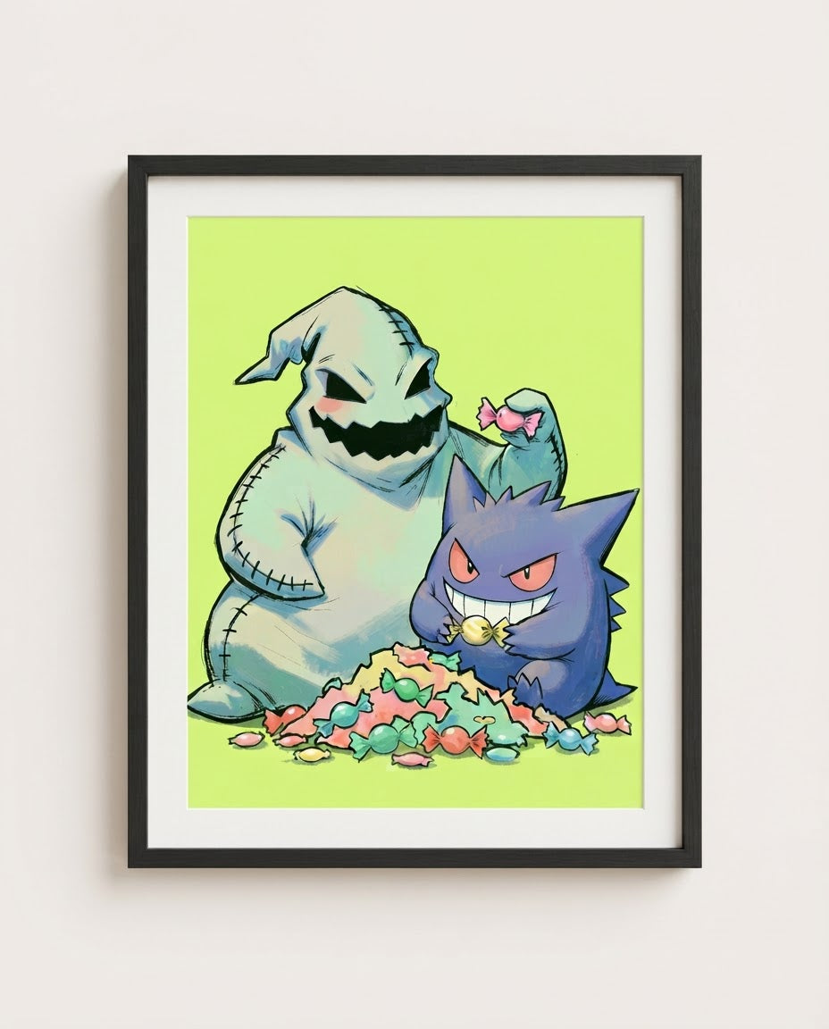 Oogie Boogie & Gengar — Candy Hoard Halloween Town crossover art print framed in a black frame with white mat