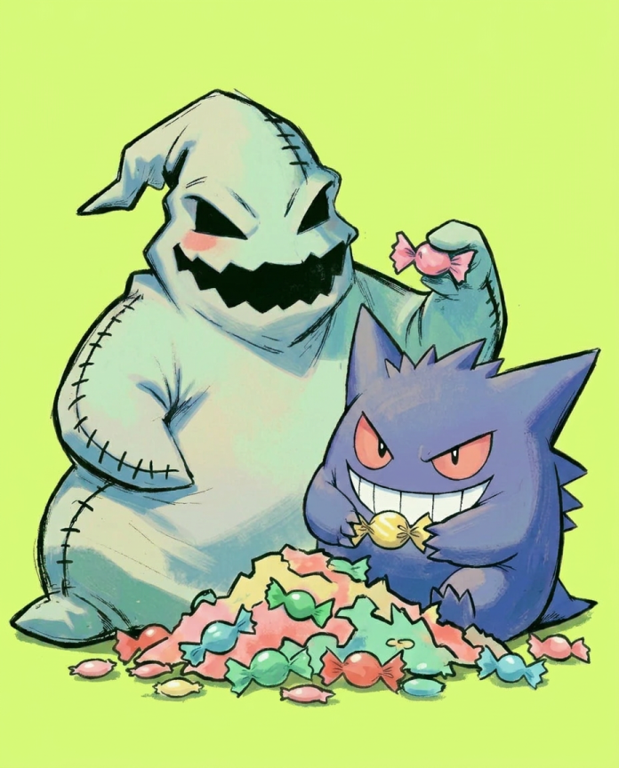 Oogie Boogie & Gengar — Candy Hoard illustration, Oogie Boogie and Gengar over a pile of candy