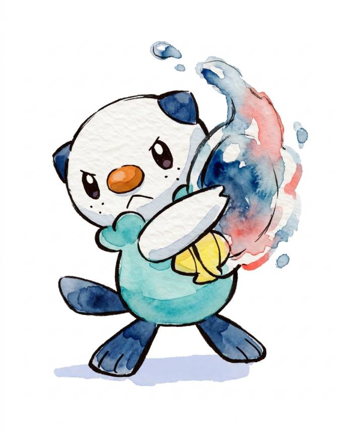 Watercolour Oshawott swinging its shell in an arc of water — Dammit.png fan art print