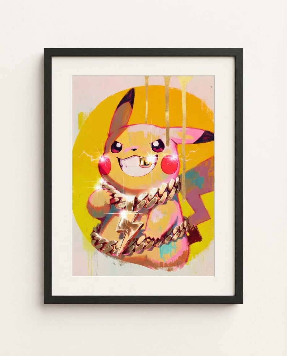 Pikachu gold bolt chain framed art print