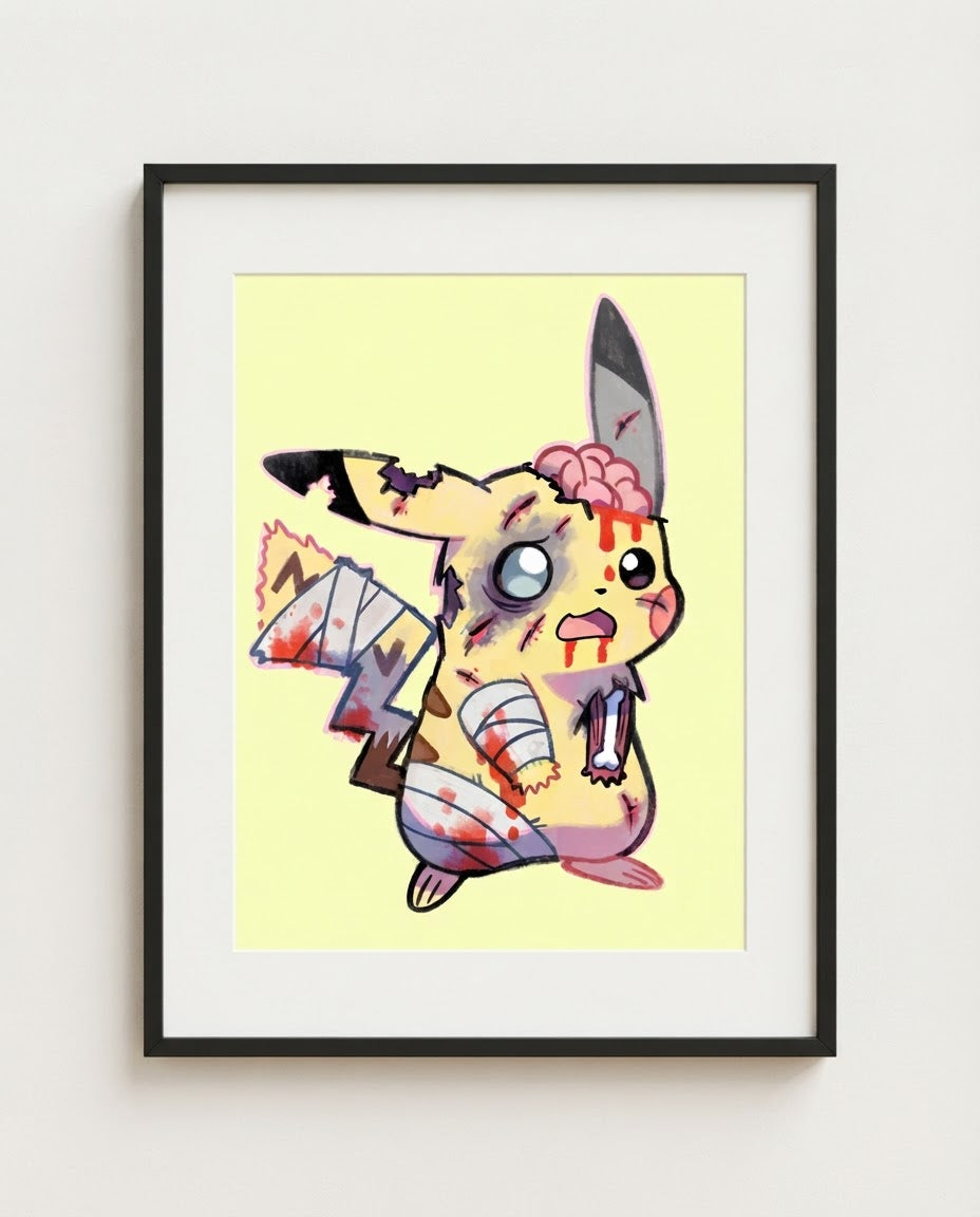 Pikachu — Brain Freeze zombie Halloween art print framed in a black frame with white mat