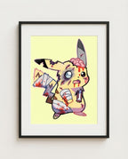 Pikachu — Brain Freeze zombie Halloween art print framed in a black frame with white mat