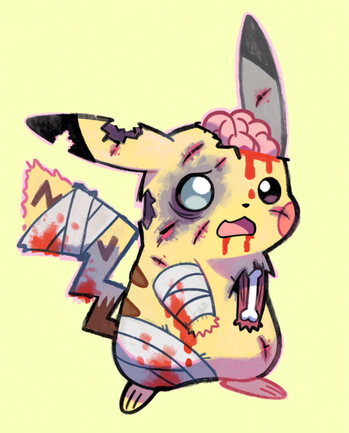 Pikachu — Brain Freeze illustration, zombie Pikachu with exposed brain and bloody bandages