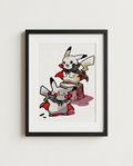 Pikachu and Ditto Double Bite Halloween vampire watercolour Pokémon art print in a black frame with white mat