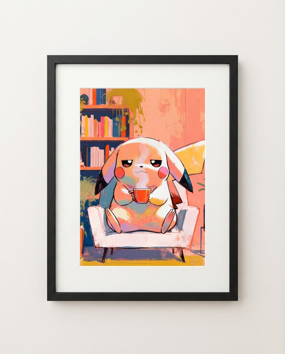 Pikachu First Coffee limited edition Pokémon art print by Dammit.png shown framed