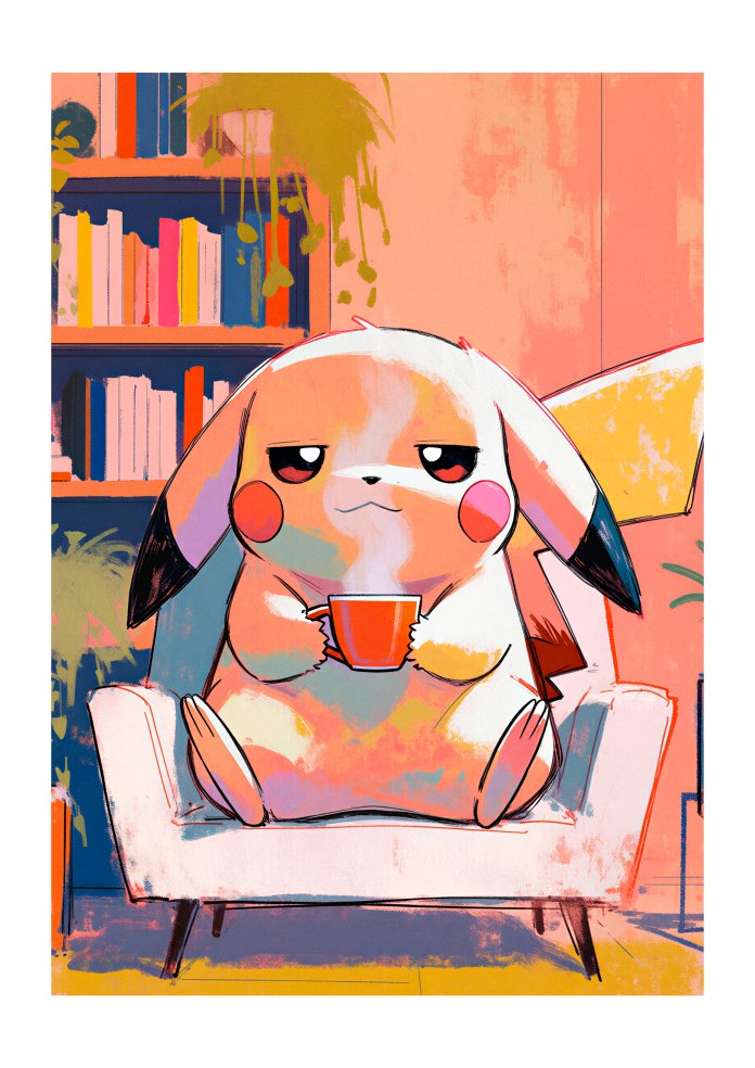 Original artwork of Pikachu in an armchair holding a coffee mug by Dammit.png