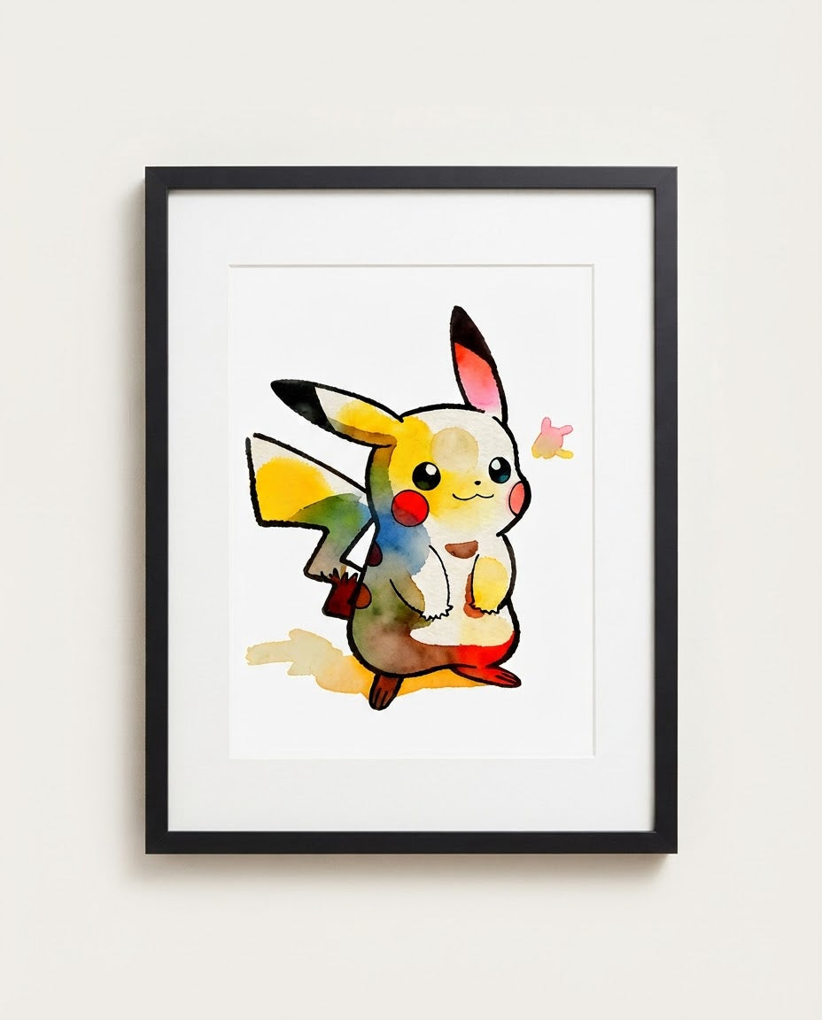 Pikachu — Hello There watercolour art print framed in a black frame with white mat