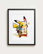 Pikachu — Hello There watercolour art print framed in a black frame with white mat