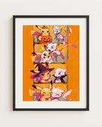 Pikachu & Mew — Photo Booth Halloween art print framed in a black frame with white mat
