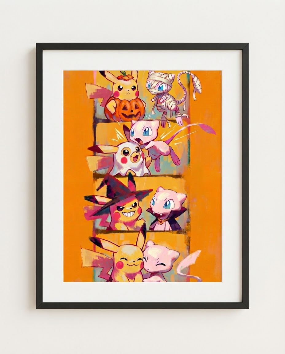 Pikachu & Mew — Photo Booth Halloween art print framed in a black frame with white mat