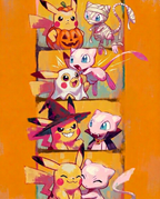 Pikachu & Mew — Photo Booth illustration, four-frame Halloween photo strip with costumes and a kiss