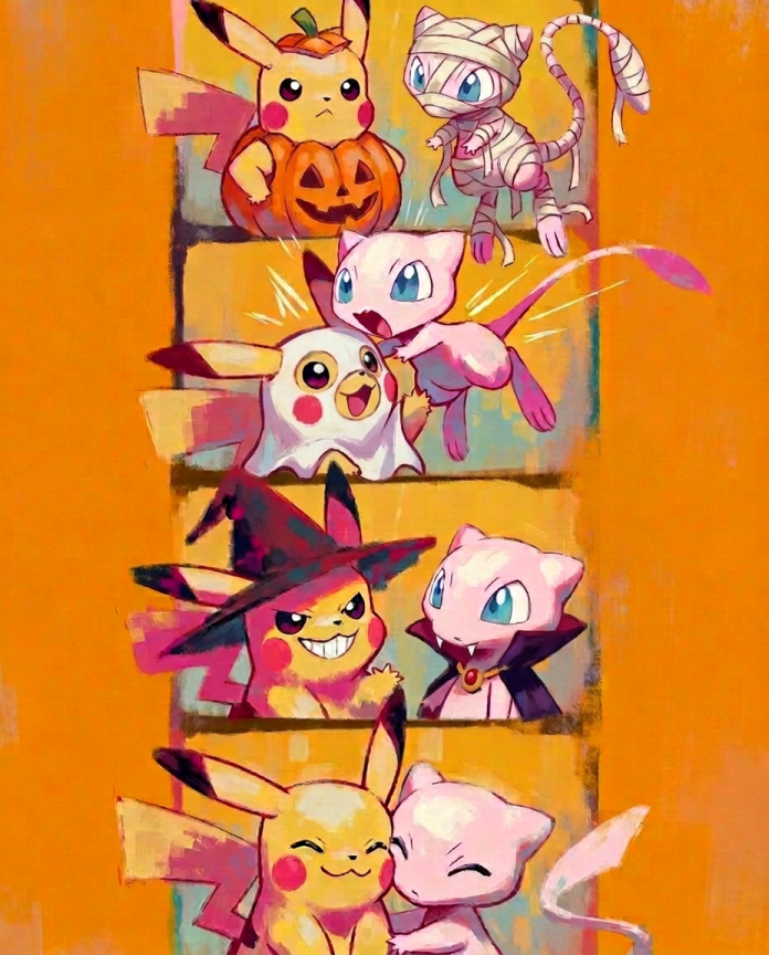 Pikachu & Mew — Photo Booth illustration, four-frame Halloween photo strip with costumes and a kiss