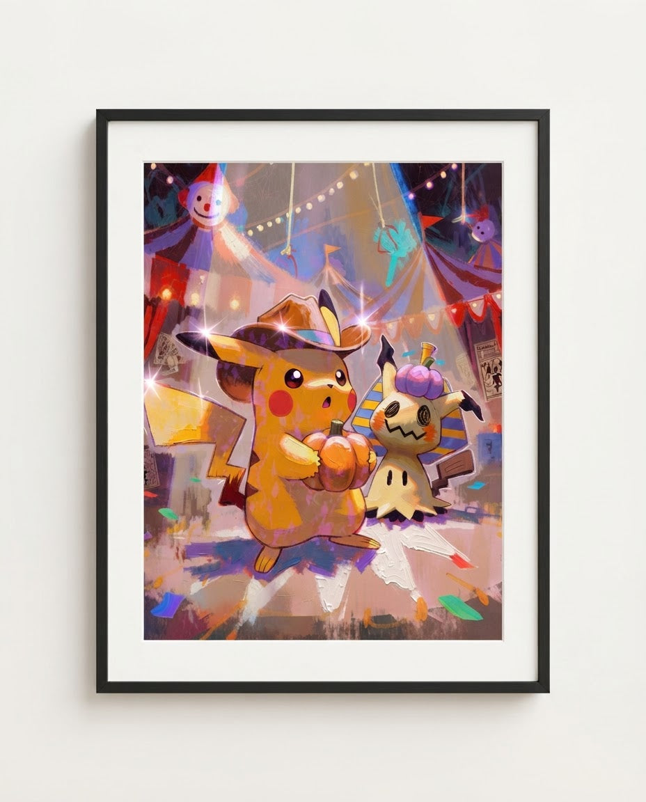 Pikachu & Mimikyu — Carnival Night haunted circus art print framed in a black frame with white mat