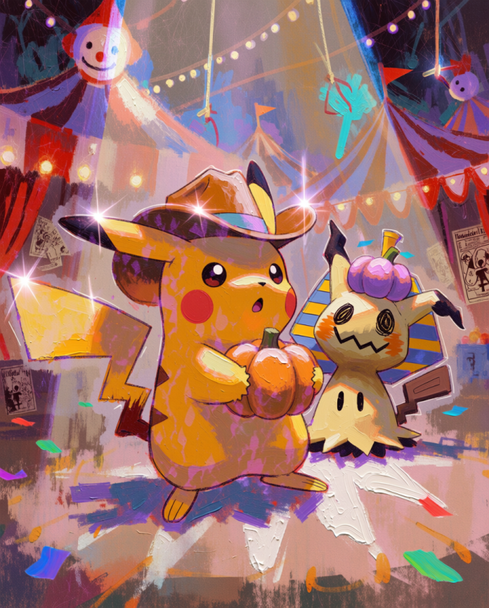 Pikachu & Mimikyu — Carnival Night illustration, Pikachu in a cowboy hat holding a pumpkin beside Mimikyu under carnival lights