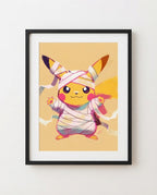 Pikachu — Mummy Wrap Halloween art print framed in a black frame with white mat