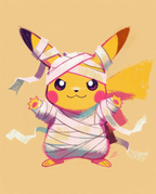 Pikachu — Mummy Wrap illustration, Pikachu in a mummy bandage costume on a sand background
