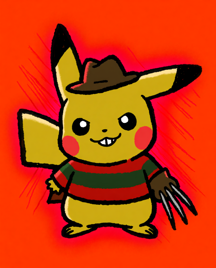 Pikachu dressed as Freddy Krueger with a striped sweater and bladed glove — Dammit.png fan art print