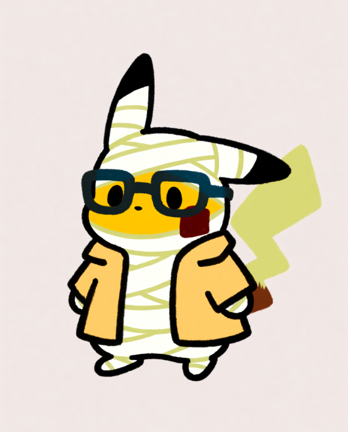 Pikachu dressed as the Invisible Man with bandages, dark glasses and a coat — Dammit.png fan art print