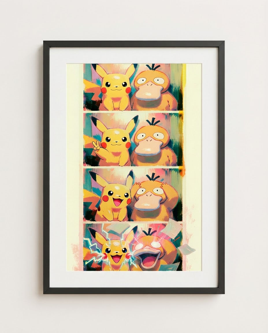 Pikachu and Psyduck Photo Booth limited edition Pokémon art print by Dammit.png shown framed