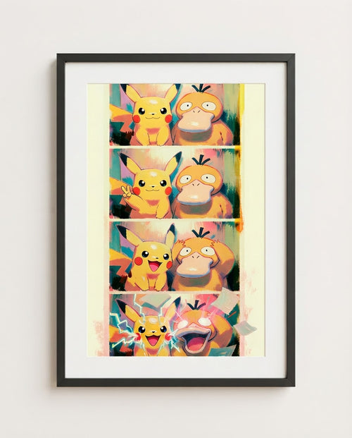 Pikachu and Psyduck Photo Booth limited edition Pokémon art print by Dammit.png shown framed