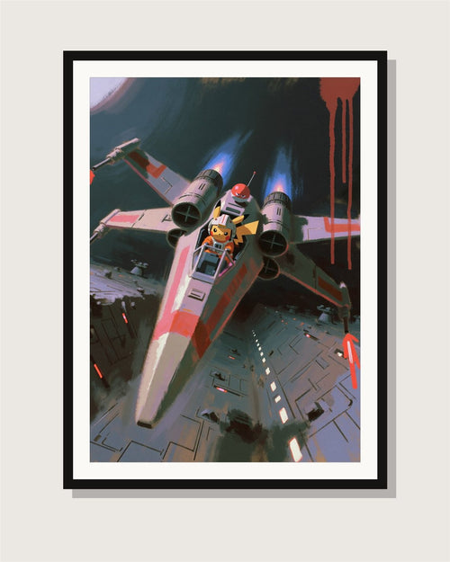Pikachu Red Five starfighter pilot limited edition Pokémon art print by Dammit.png shown framed