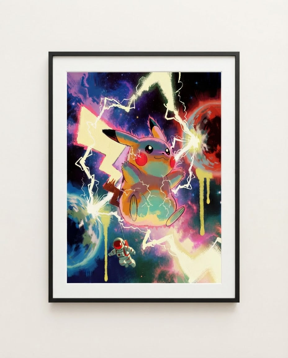 Pikachu — Static Storm — framed display mockup; print sold unframed