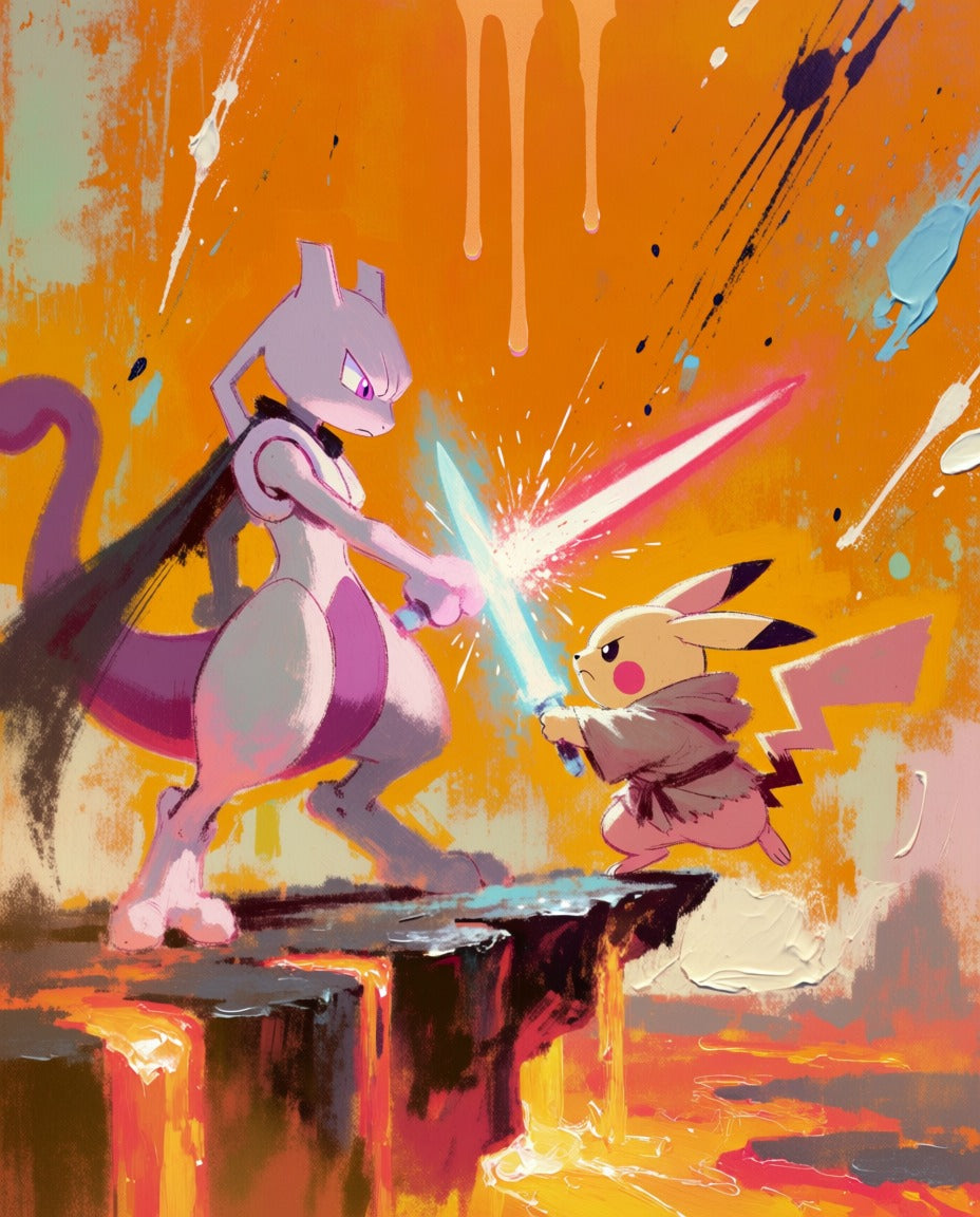 Original artwork of Pikachu and Mewtwo clashing with energy blades over molten ground, by Dammit.png