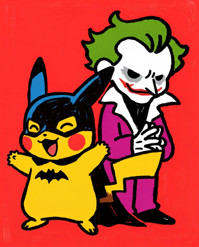 Pikachu in a bat cowl and cape with a grinning clown villain behind it — Dammit.png fan art print
