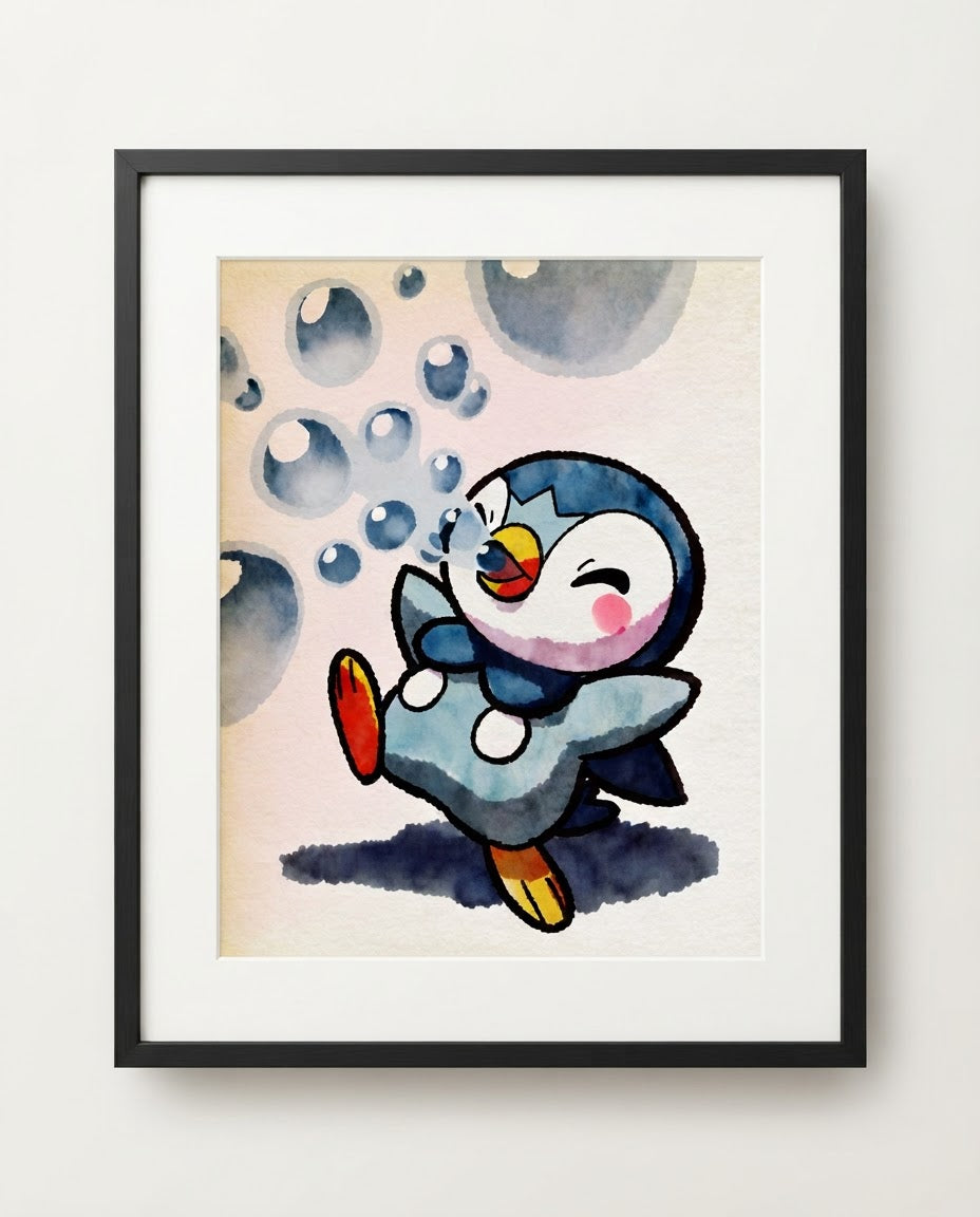 Piplup — Bubble Beam framed watercolour art print by Dammit.png