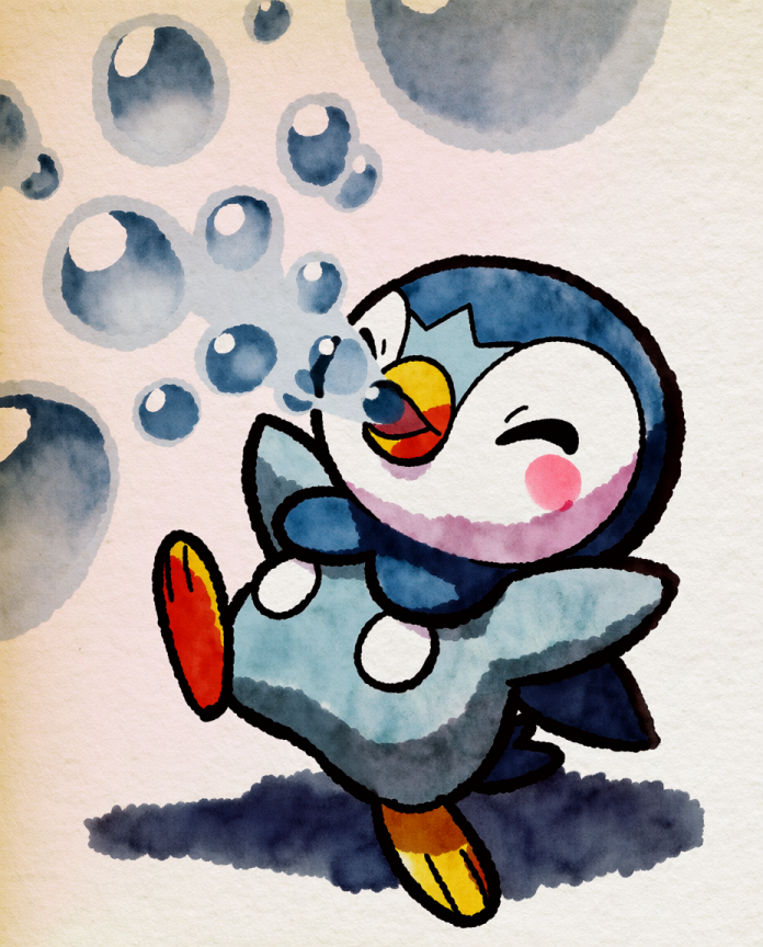 Watercolour Piplup strutting and blowing blue bubbles — Dammit.png fan art print