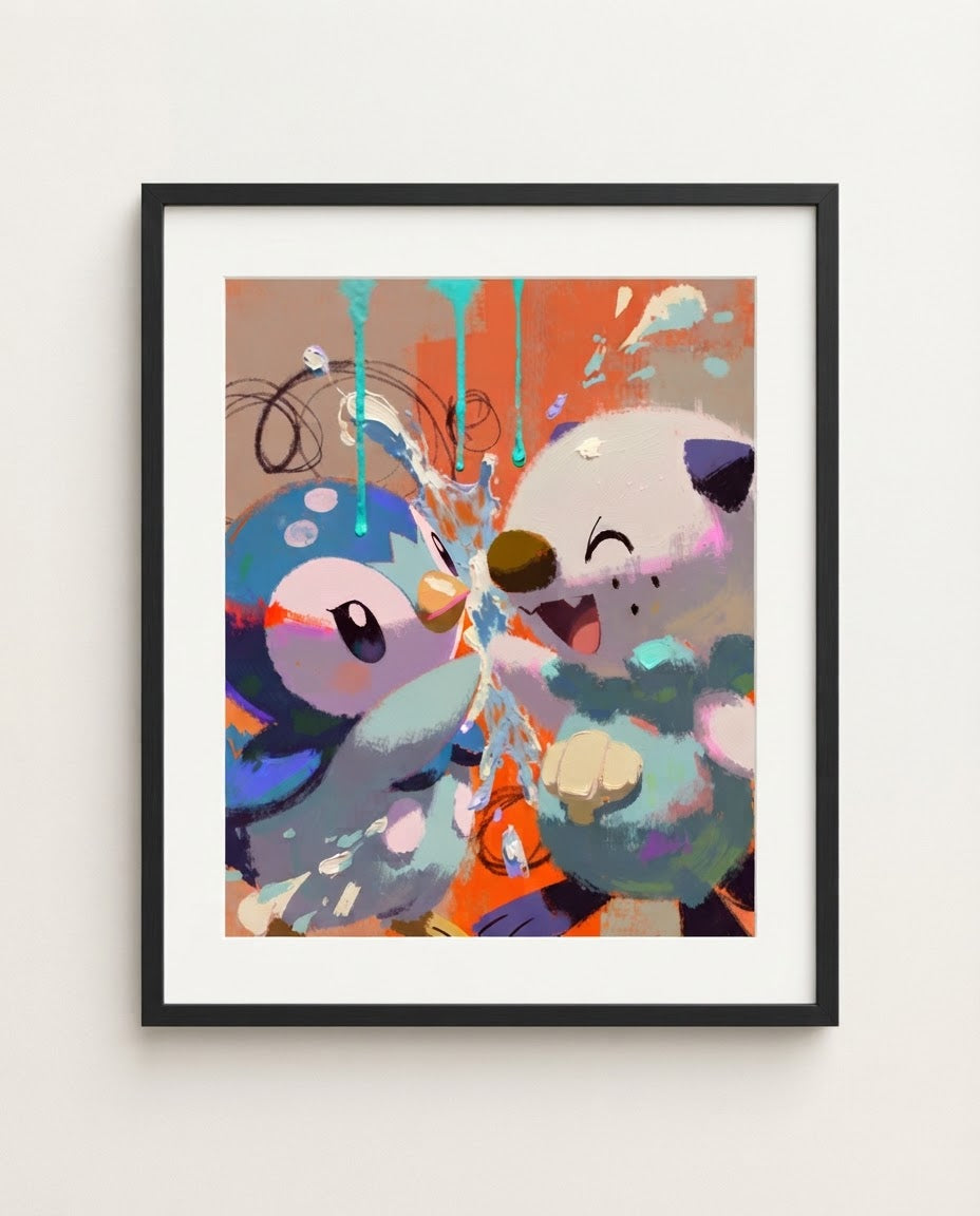 Piplup and Oshawott Splash Fight limited edition Pokémon art print by Dammit.png shown framed