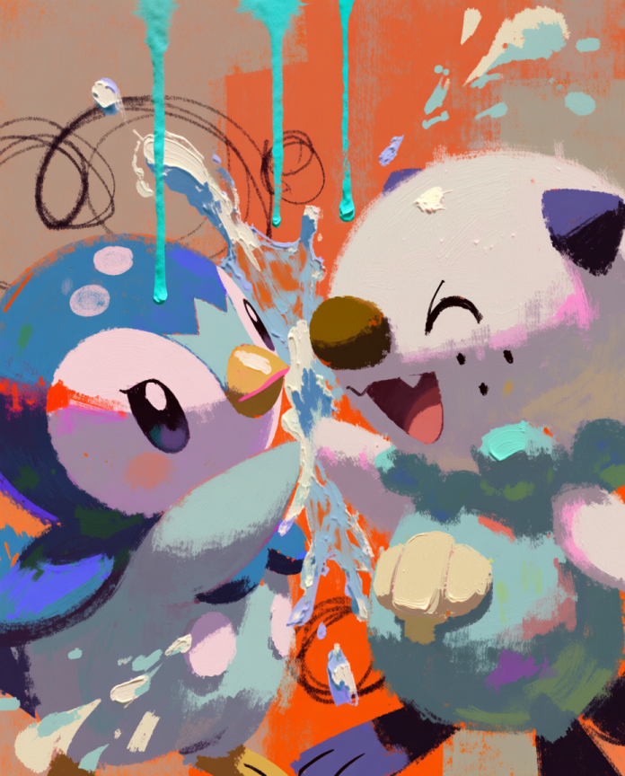 Original artwork of Piplup and Oshawott crossing water jets mid-air by Dammit.png