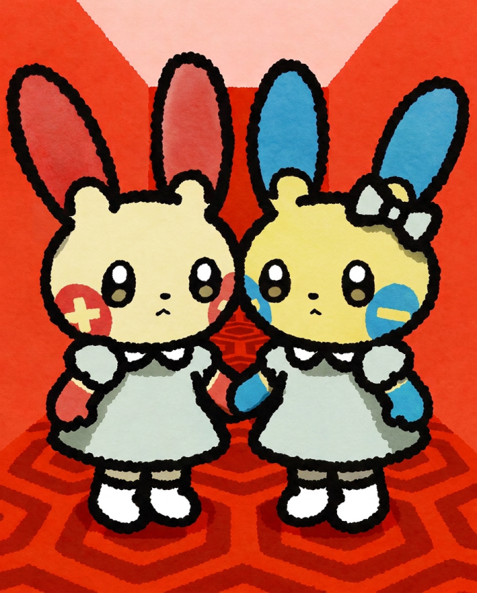 Plusle and Minun as twins in matching dresses on a hexagon carpet — Dammit.png fan art print