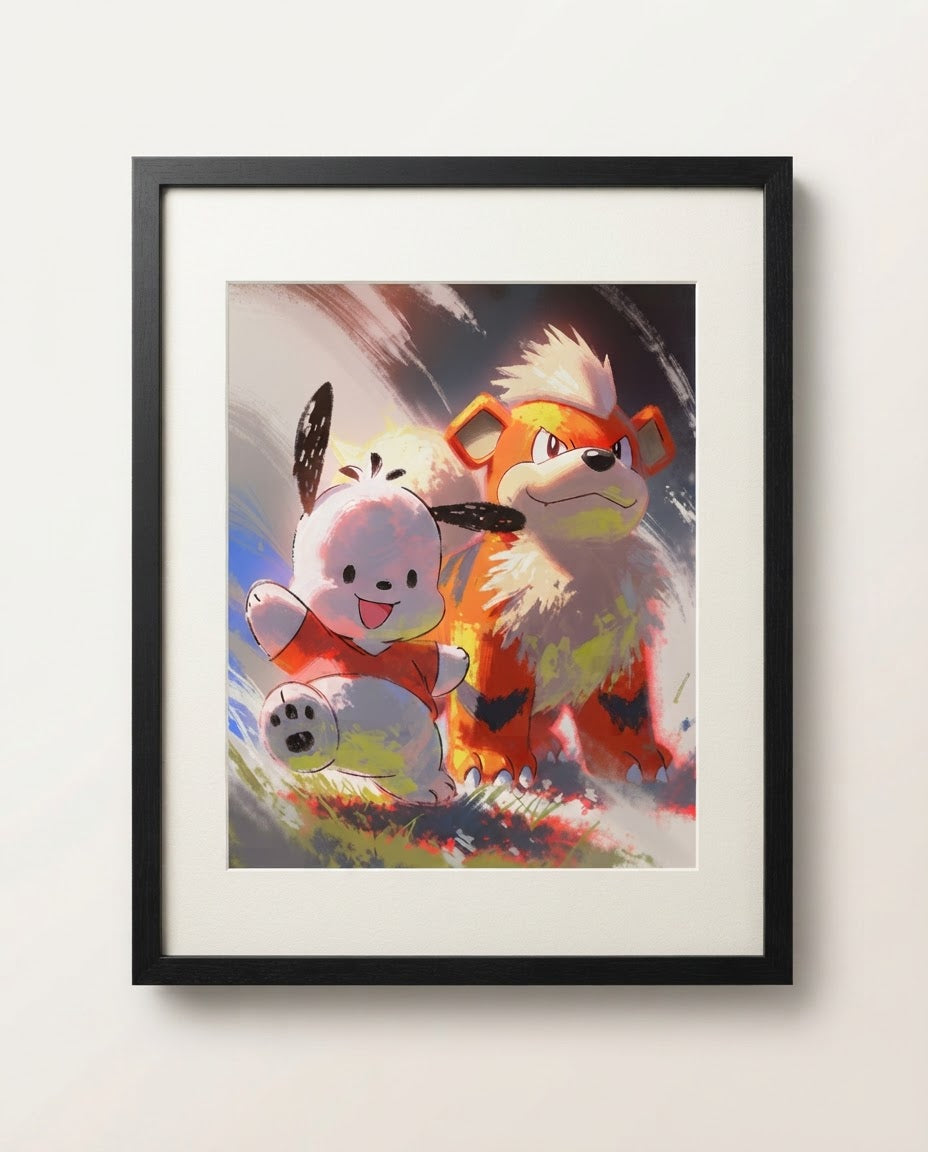 Pochacco and Growlithe Good Boys Sanrio Pokémon crossover art print by Dammit.png shown framed