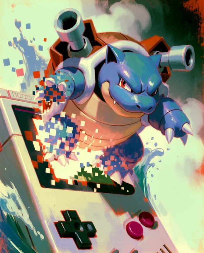 Original artwork of Blastoise breaching a Game Boy screen in a surge of water, Console Series print by Dammit.png