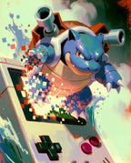 Original artwork of Blastoise breaching a Game Boy screen in a surge of water, Console Series print by Dammit.png