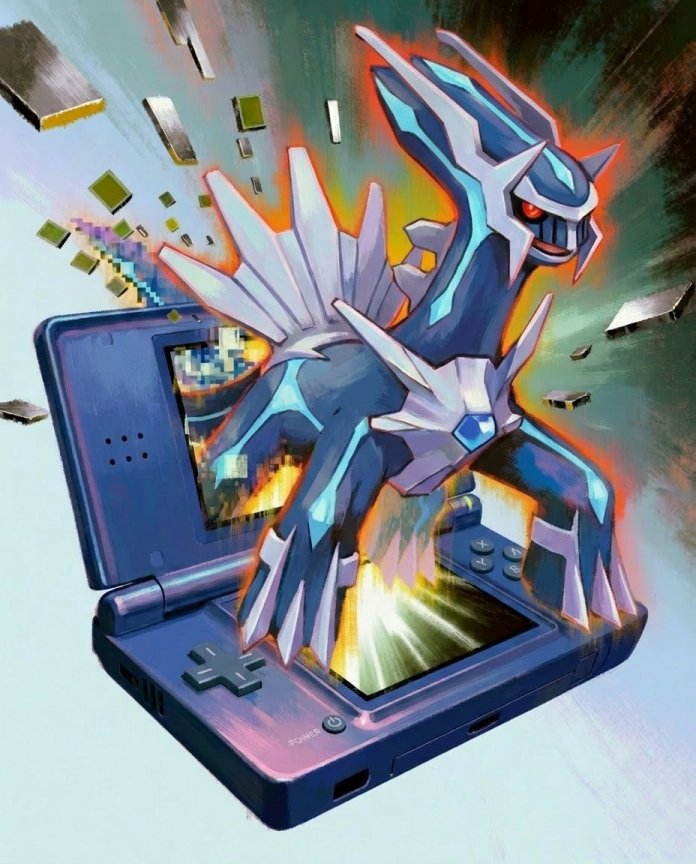 Original artwork of Dialga tearing out of a Nintendo DS top screen, Console Series print by Dammit.png